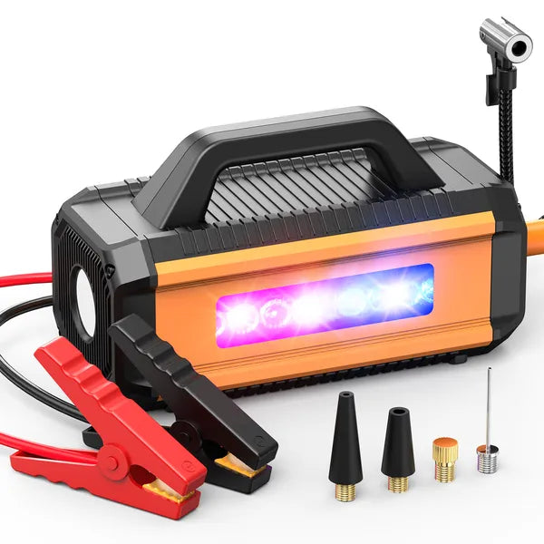 2 In 1 Car Jump Starter With Air Compressor Air Inflator Battery Charge Jumper Booster Power Bank Jumper Box Blue Red Emergency Alarm Flashlight