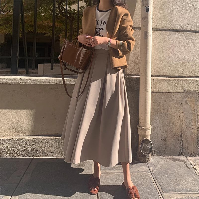 High-waisted Pleated Midi A-line Maxi Skirt